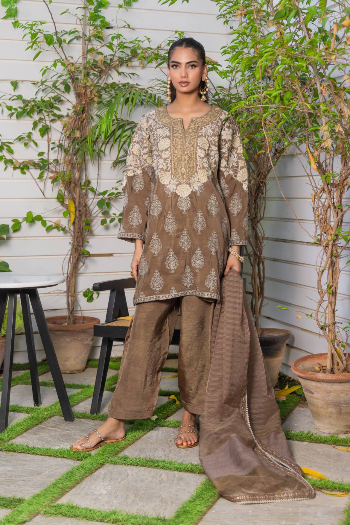 Brown tan embroidered embellishment Suit Parisa-SHK