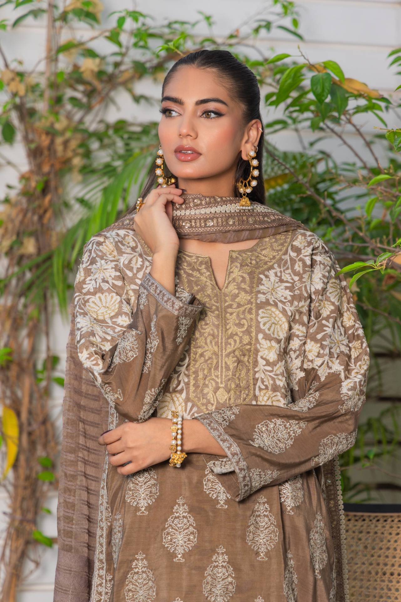 Brown tan embroidered embellishment Suit Parisa-SHK