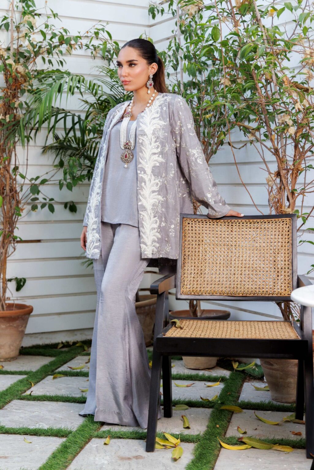 Selena Grey Embroidered Silk Cape -SHK