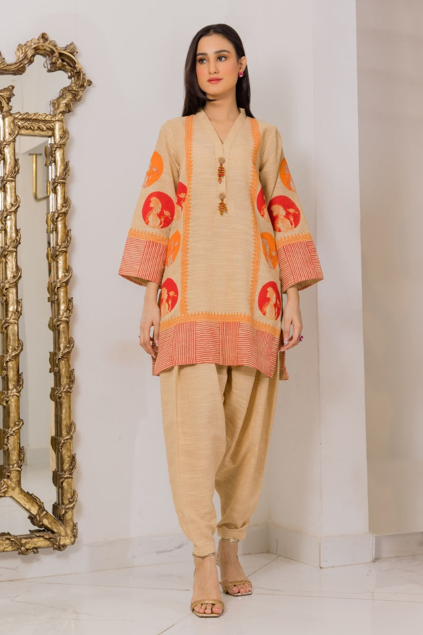 Beige Khaddar Printed Set